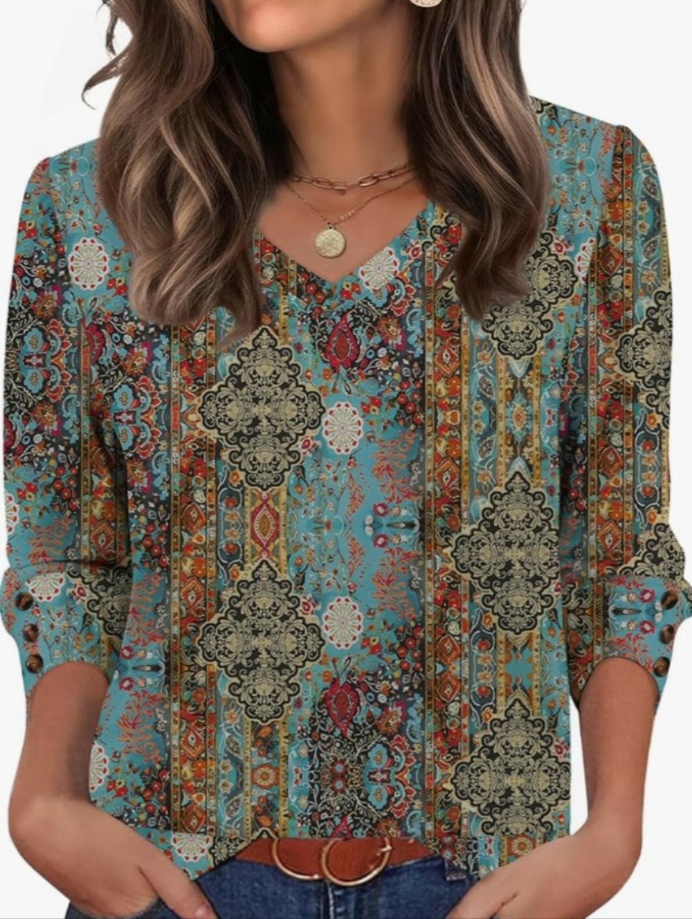 Bohemian V-Neck Printed Blouse in Teal Multicolor